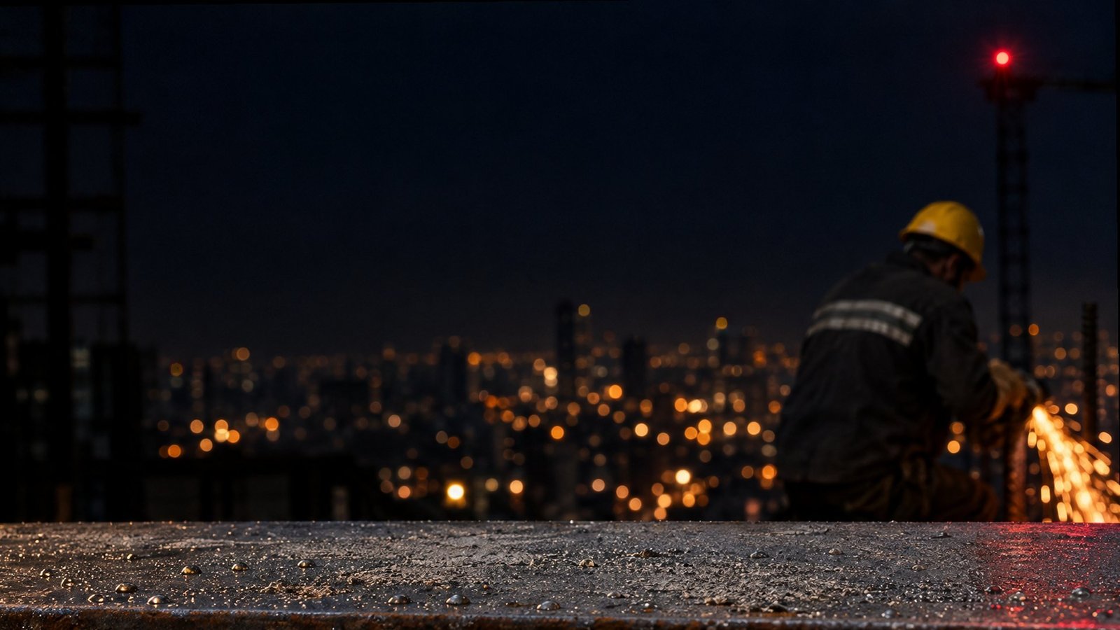 Obra de noche en la Ciudad de México: un trabajador esmerila junto a una viga mojada