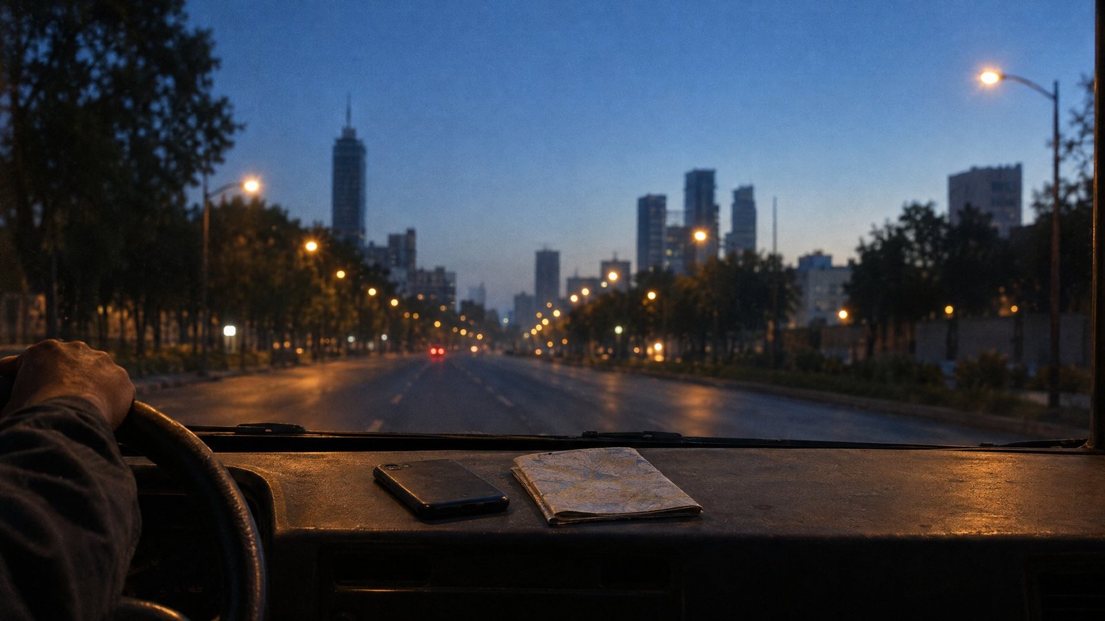 Tablero de un camión de reparto al amanecer en una avenida de la Ciudad de México