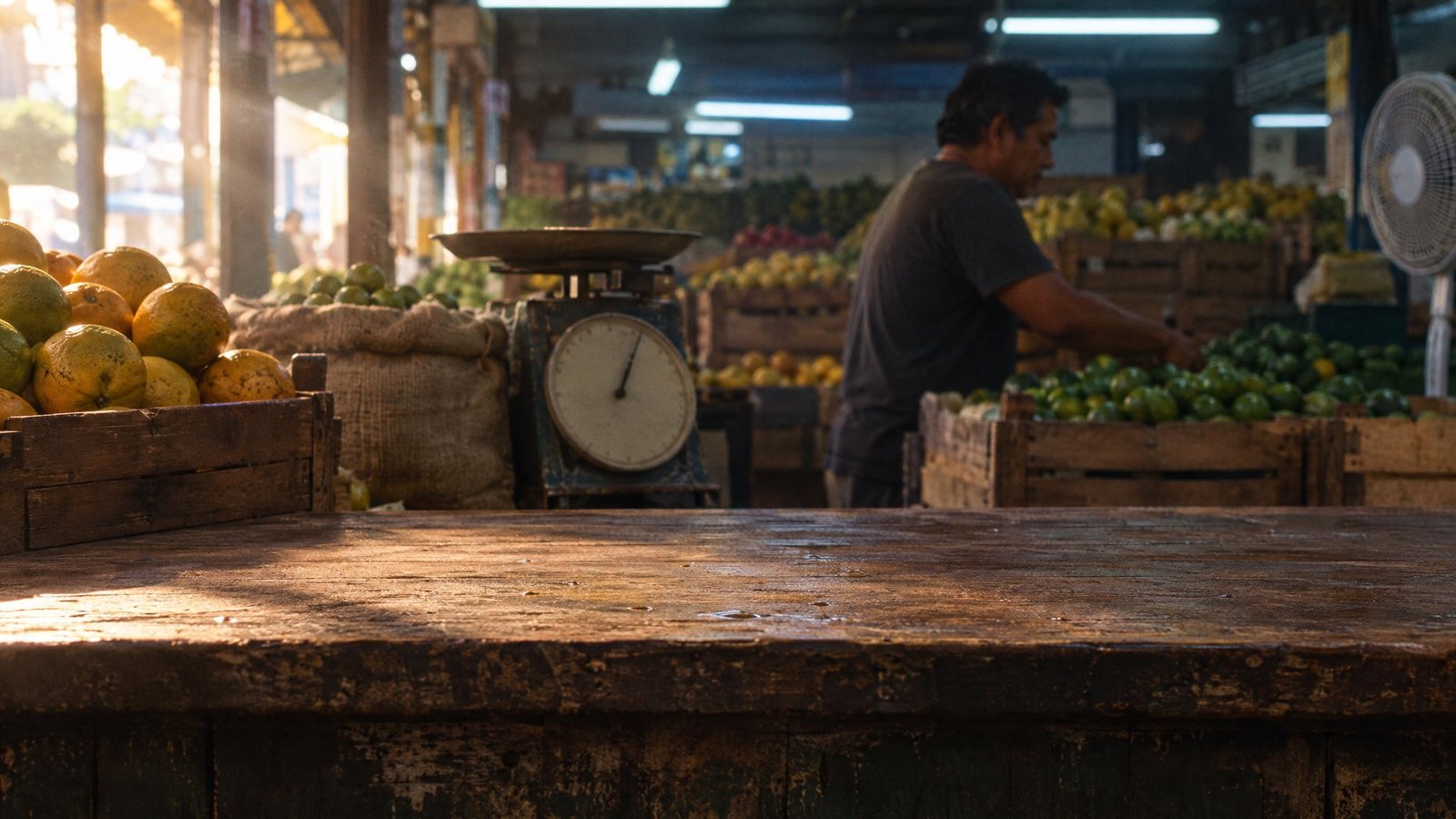 Puesto de mercado en Mérida con ventilador y sol rasante