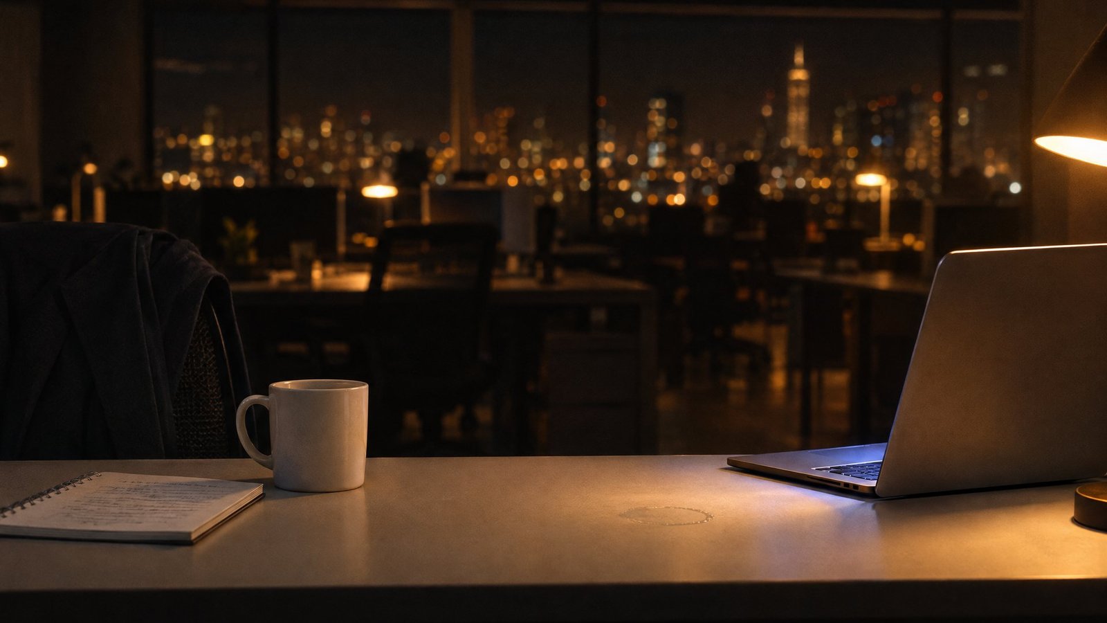 Escritorio de oficina a las 20:00 con una sola lámpara encendida y la ciudad de noche al fondo