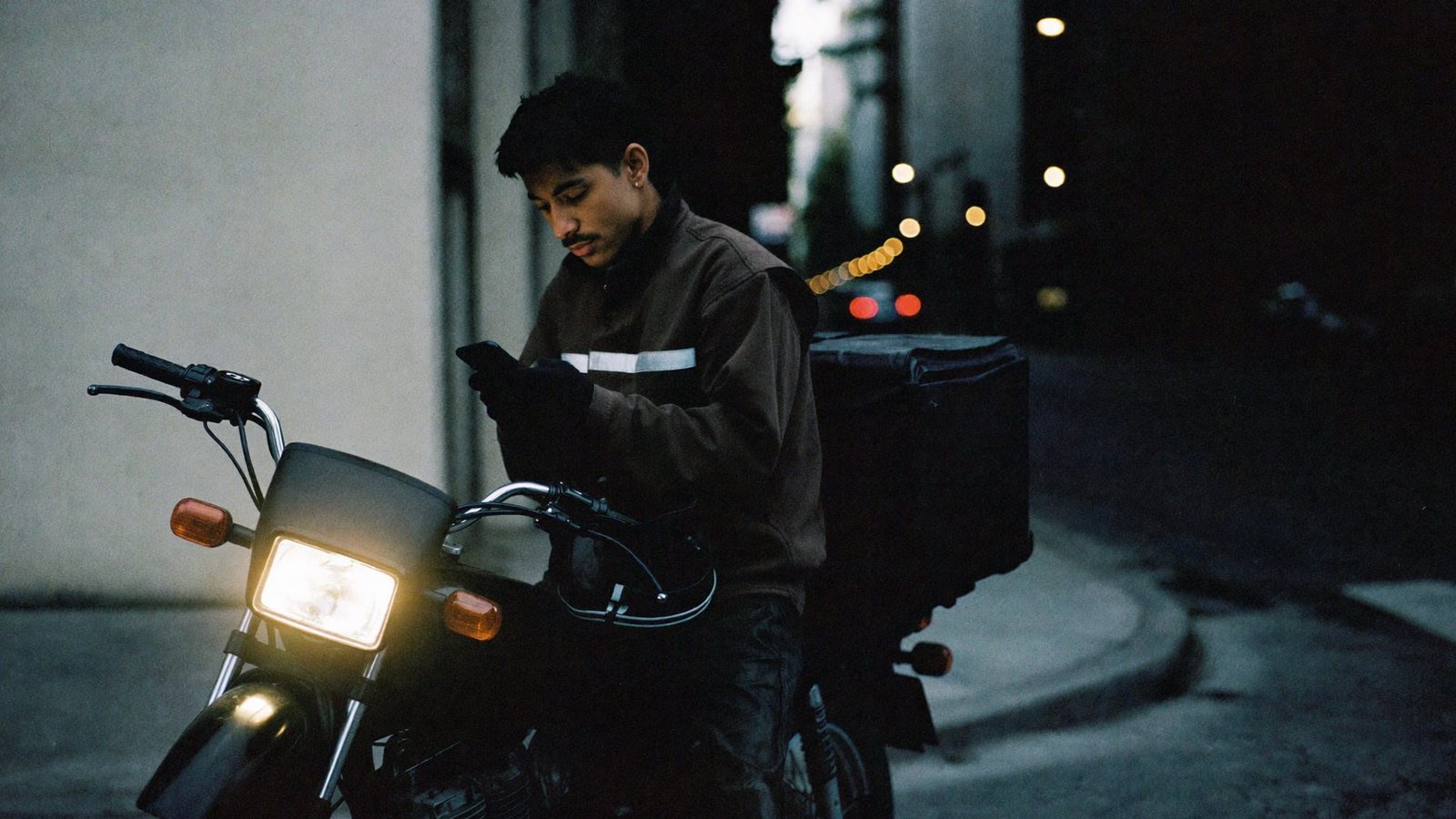 El de la ruta: repartidor en su moto revisa el celular de madrugada