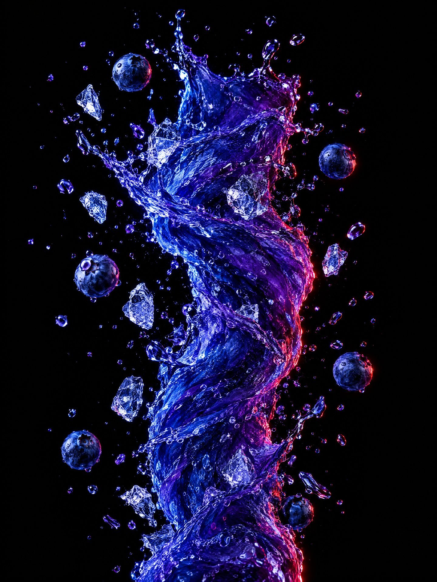 Vórtice de líquido mora azul con hielo y moras suspendidas sobre fondo negro