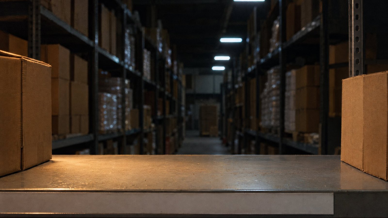 Anaquel metálico de una bodega de abarrotes de noche, con la repisa del frente vacía