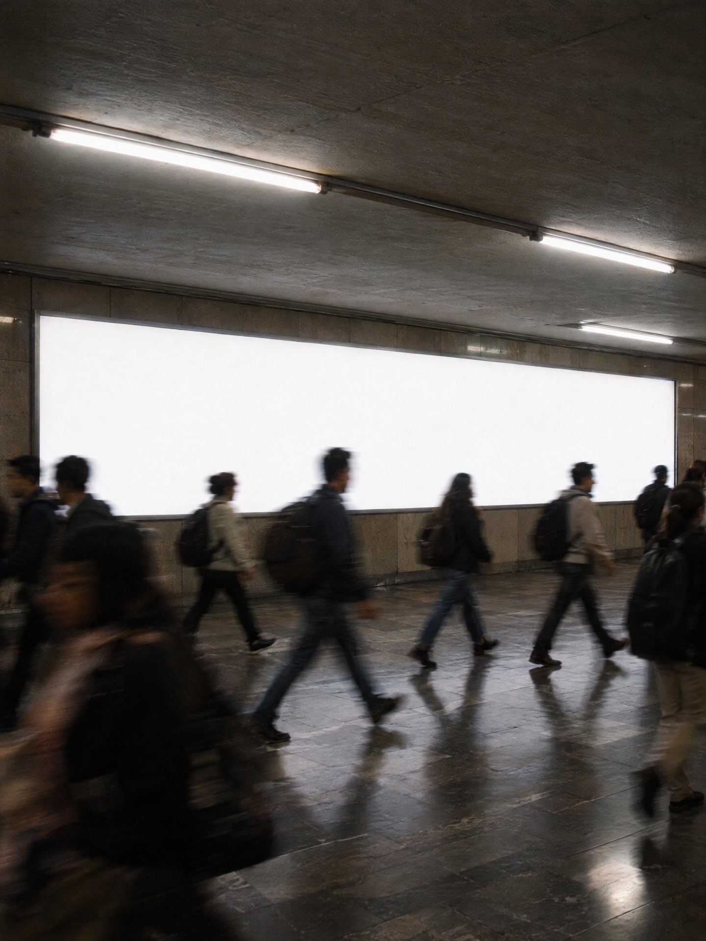 Pasillo de transbordo del Metro a las 7:00 con un gran muro de Raptor