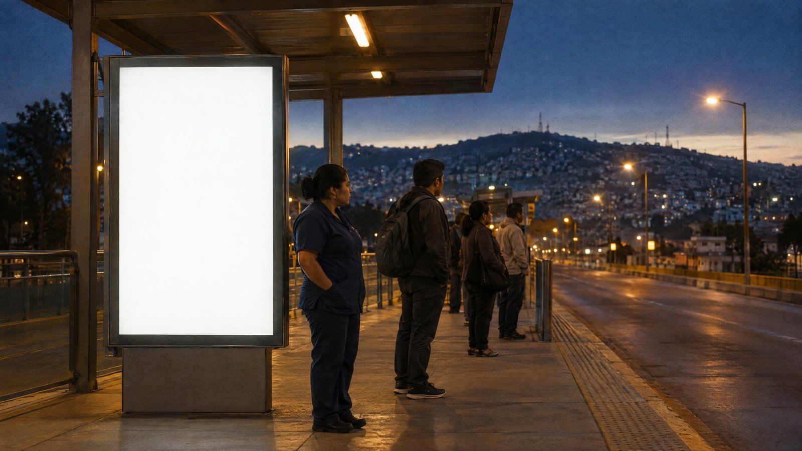 Parada de BRT en Pachuca al amanecer con un mupi de Raptor