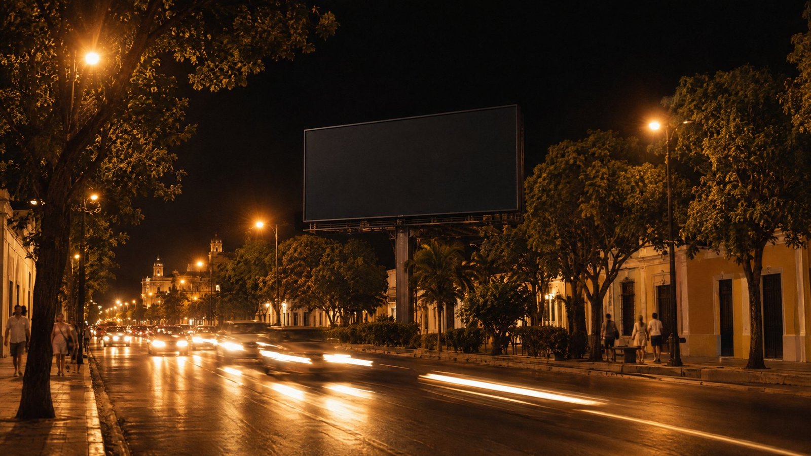 Avenida de Mérida de noche con una pantalla de Raptor