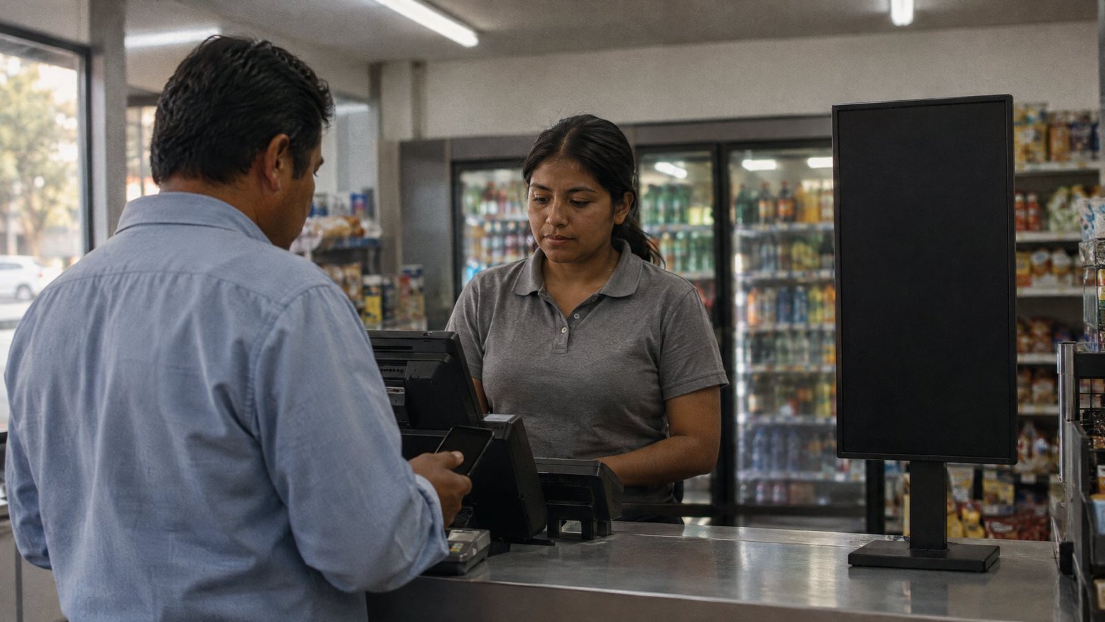 Cliente pagando en una tiendita de barrio por la tarde