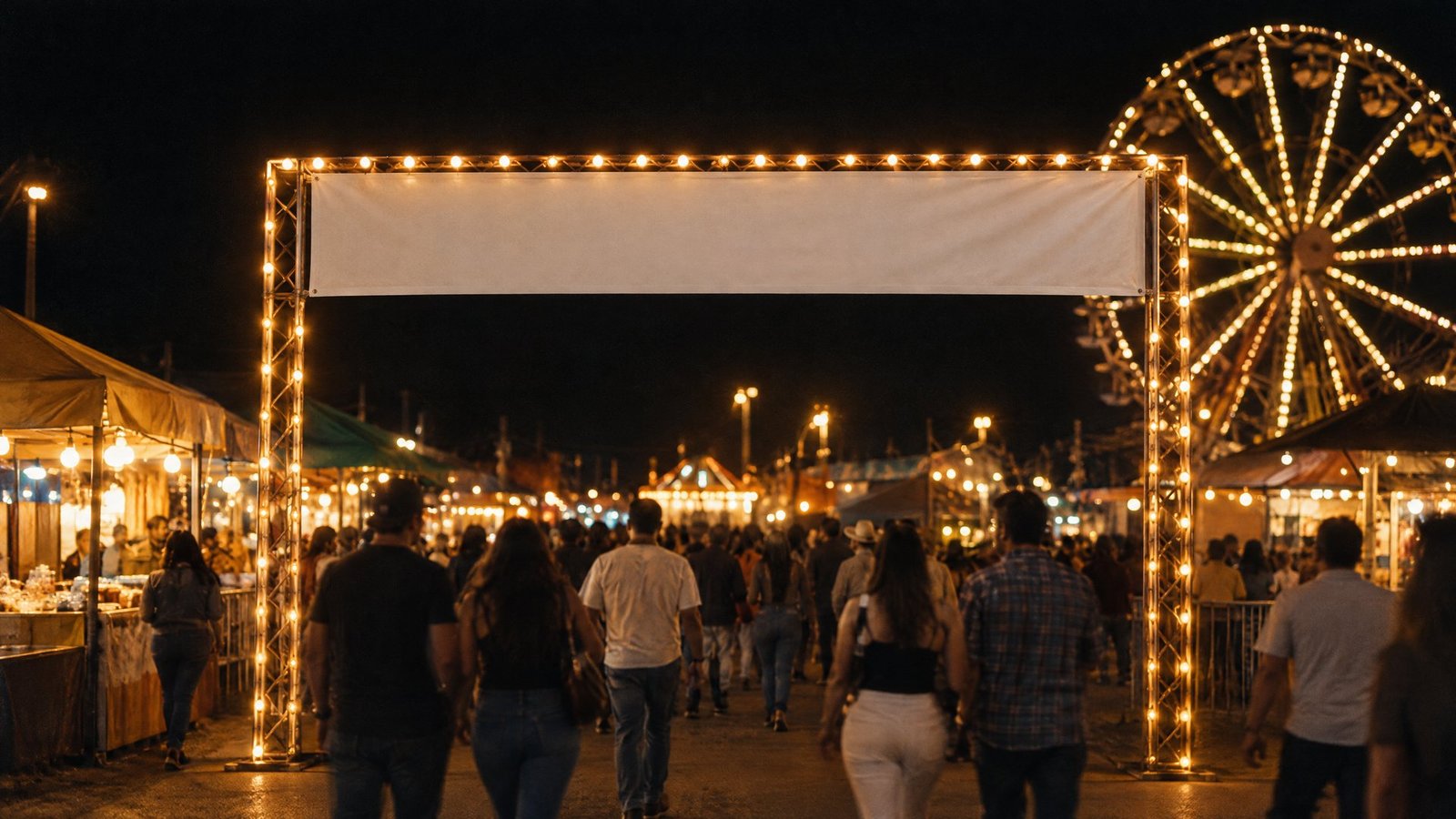 Acceso a una feria regional de noche con rueda de la fortuna