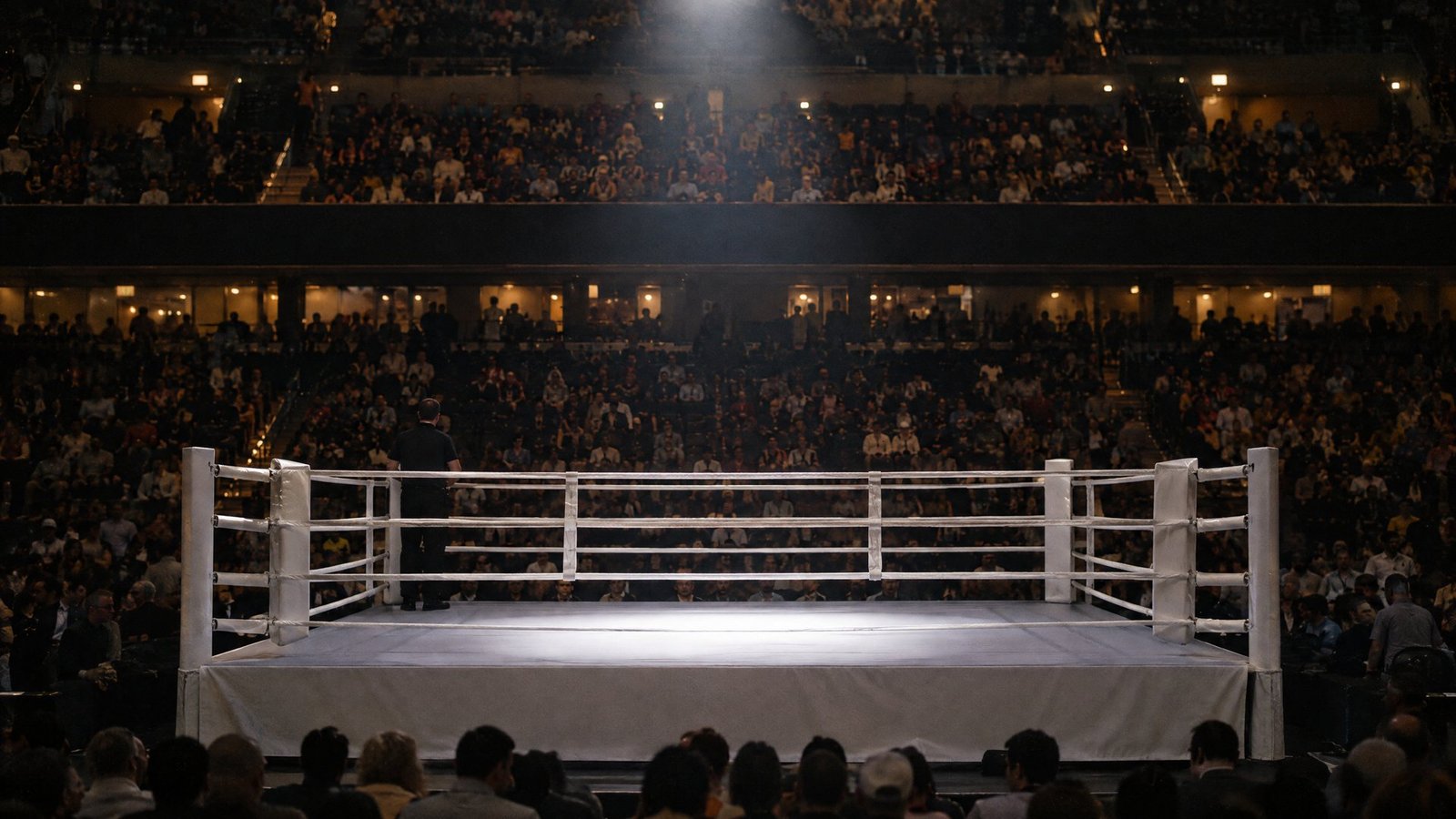Arena de box a media luz antes de una función